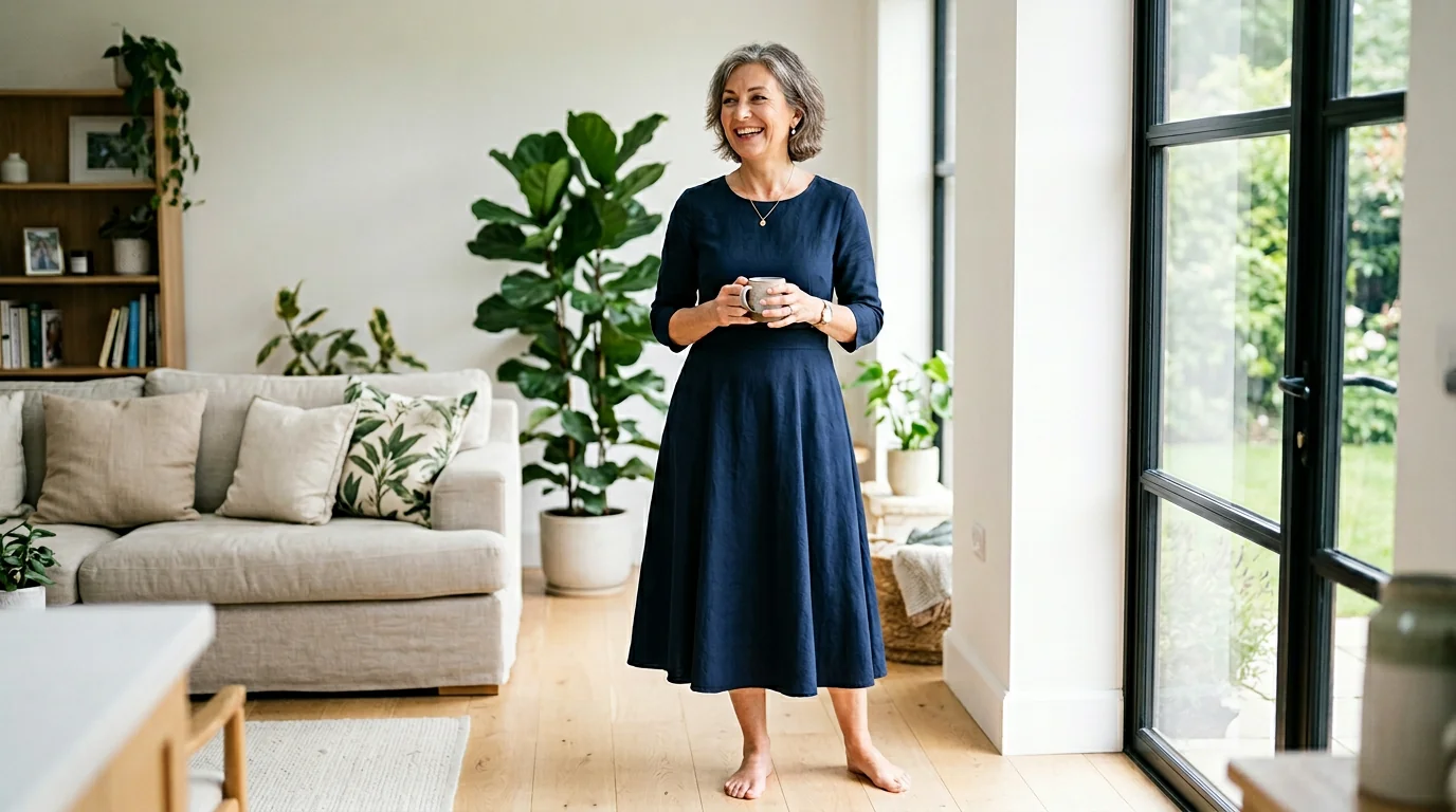 Customer in a navy Ronni Nicole fit-and-flare dress