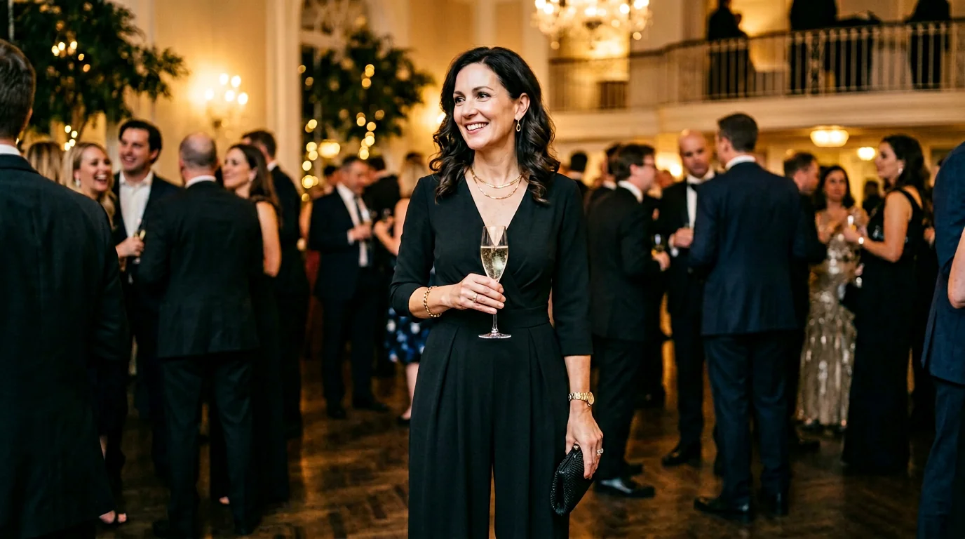 Customer in a Ronni Nicole jumpsuit at an event