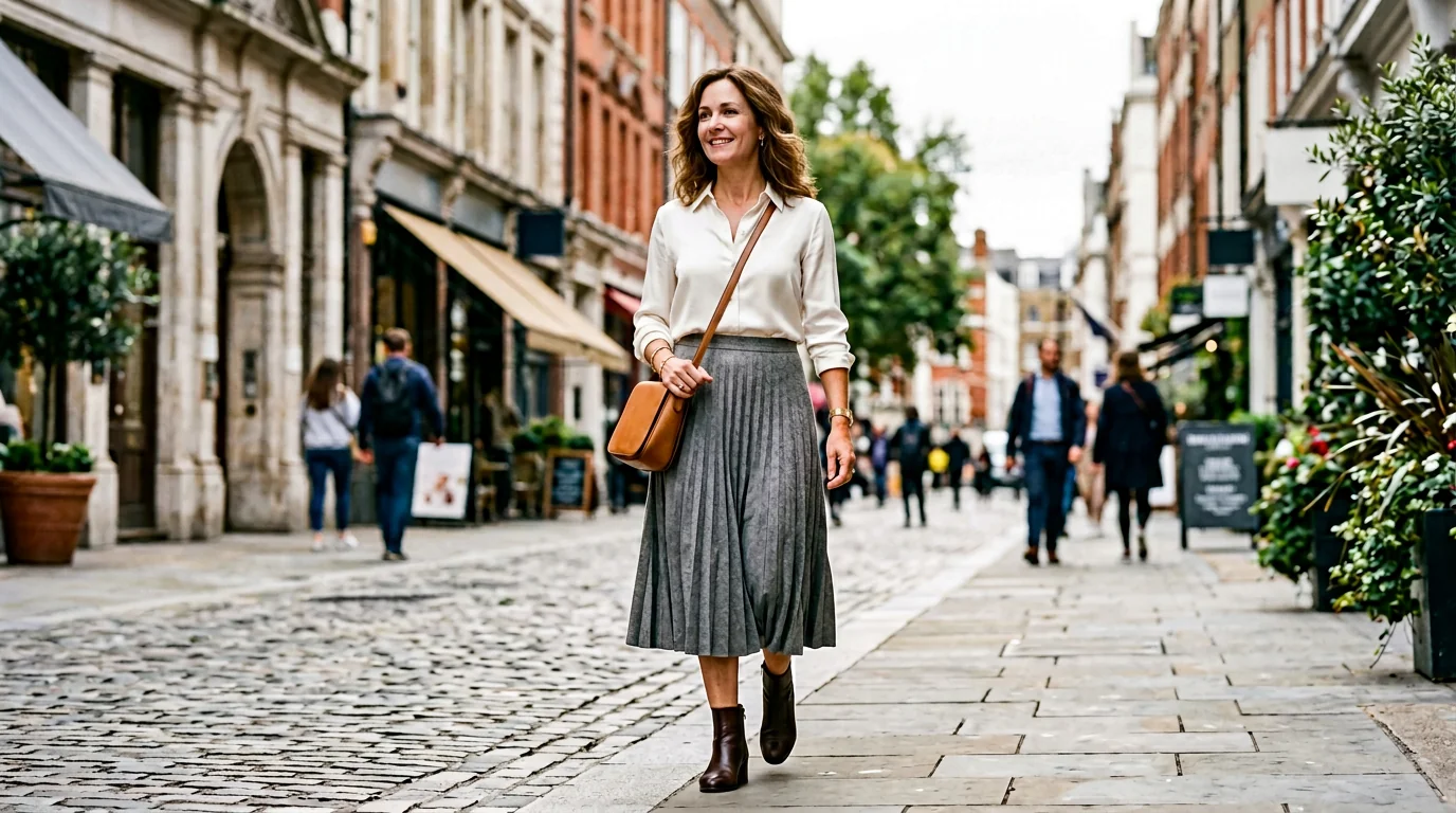 Customer in a midi skirt and silk blouse