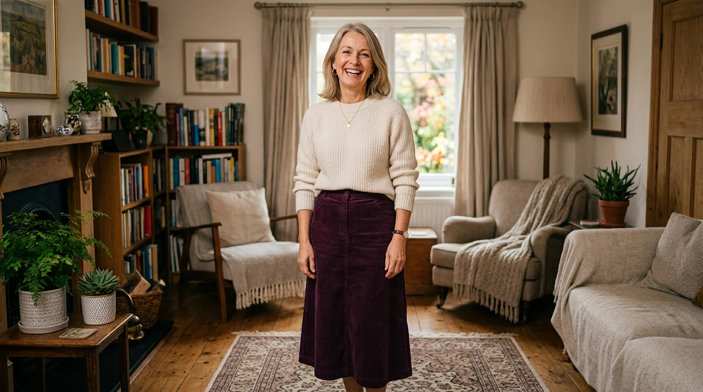 Customer wearing a Ronni Nicole sweater and skirt