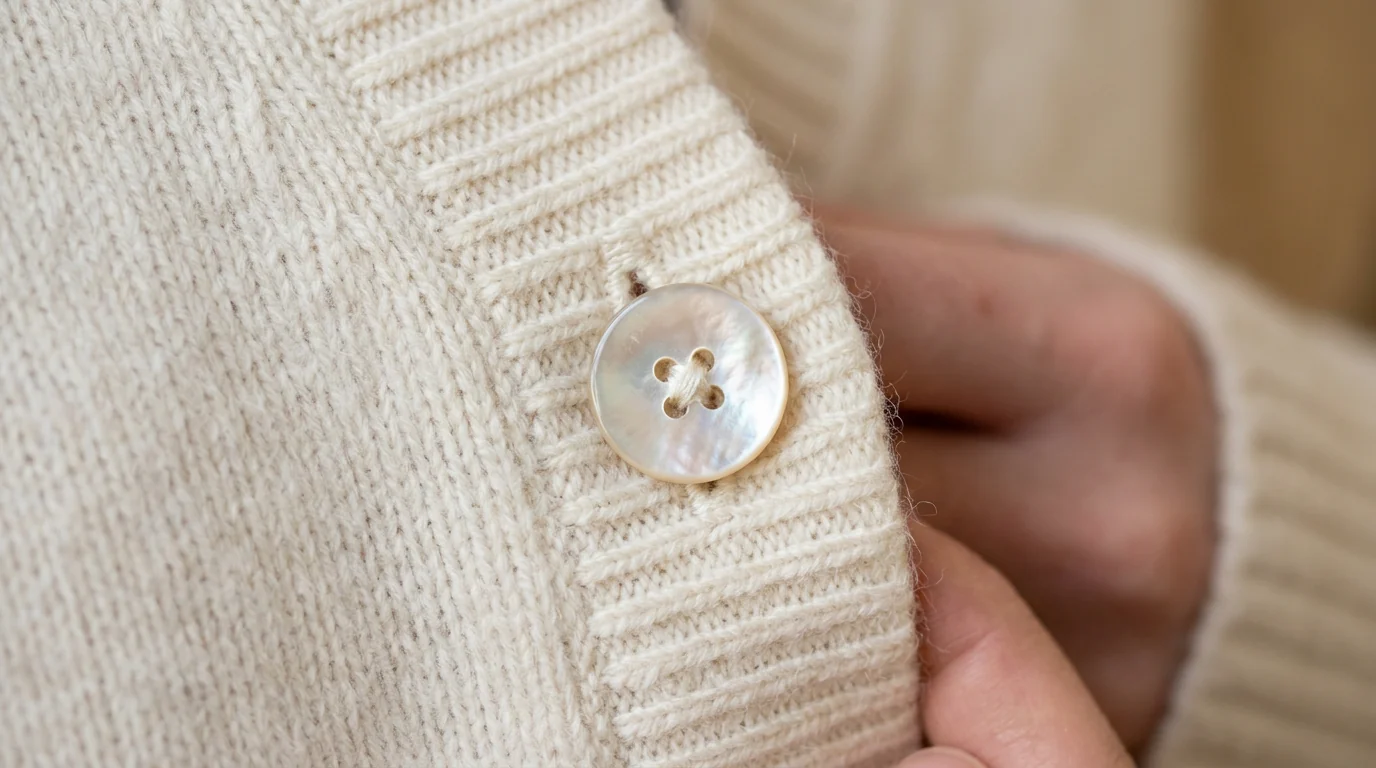 Close-up of a Ronni Nicole cashmere-blend cardigan showing the knit texture and button detail