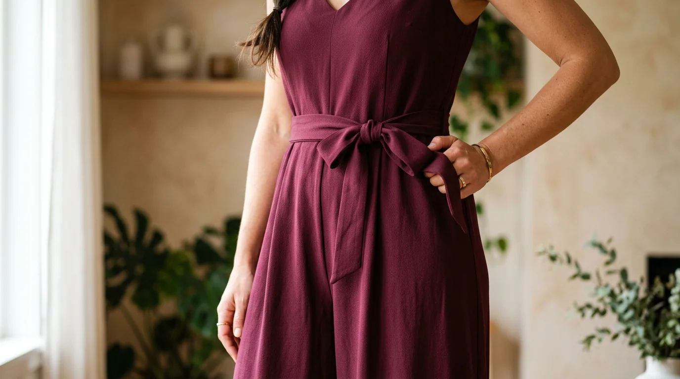 Close-up detail of a Ronni Nicole wide-leg jumpsuit showing tie belt and drape