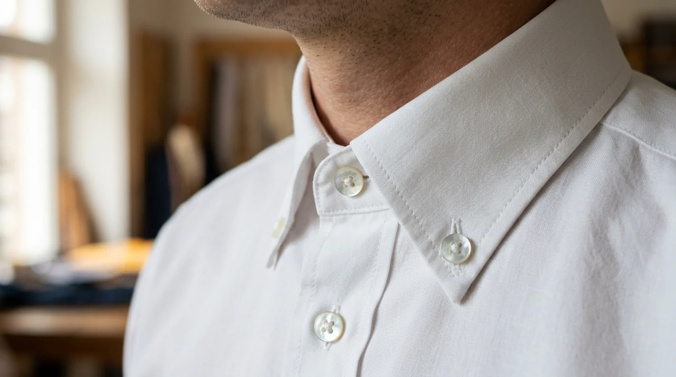 Detailed shot of a Ronni Nicole cotton shirt showing collar stitching and pearl buttons