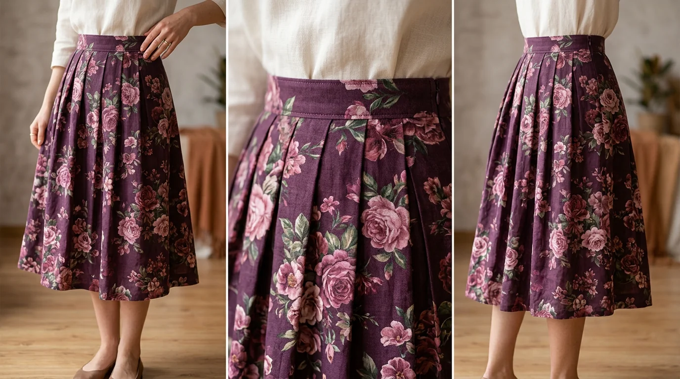 Close-up of a Ronni Nicole A-line skirt showing printed fabric and waistband