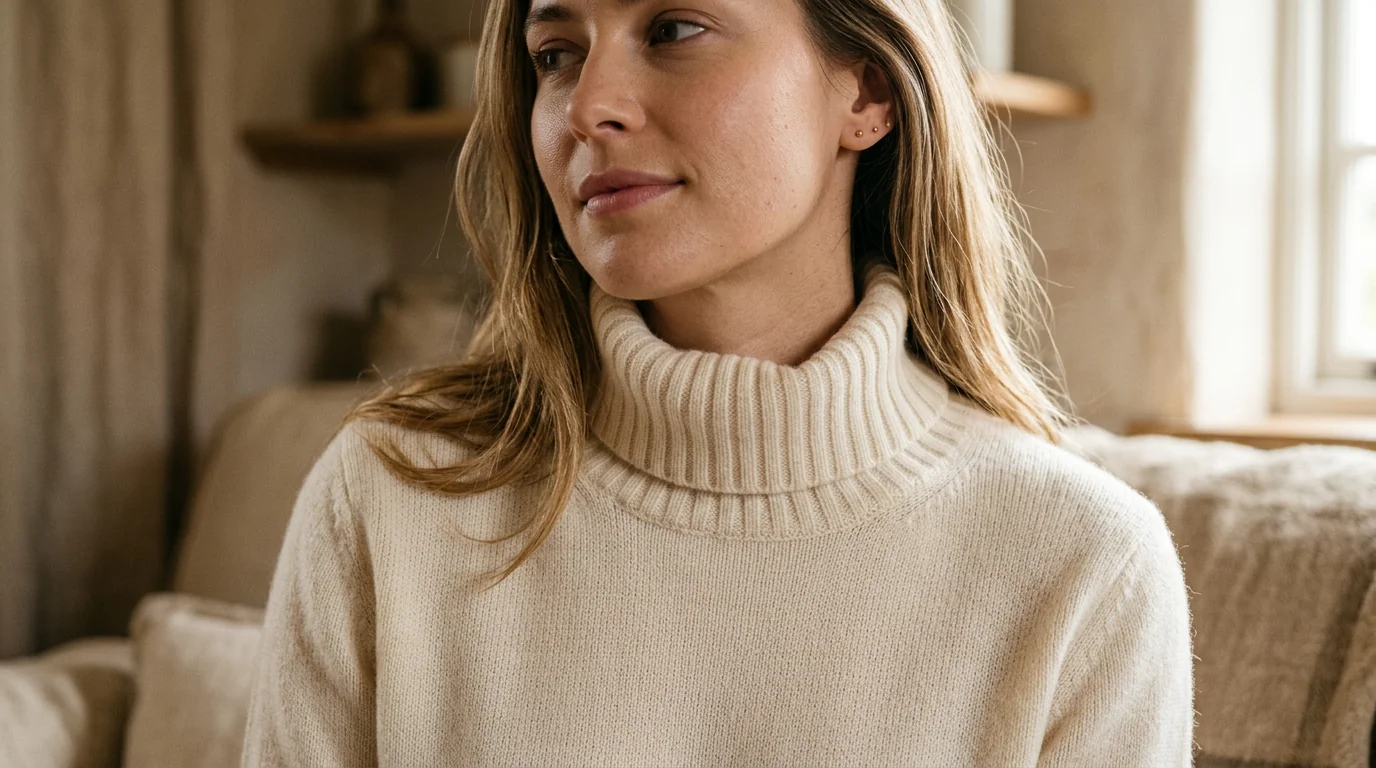 Detailed shot of a Ronni Nicole sweater fabric and ribbed neckline