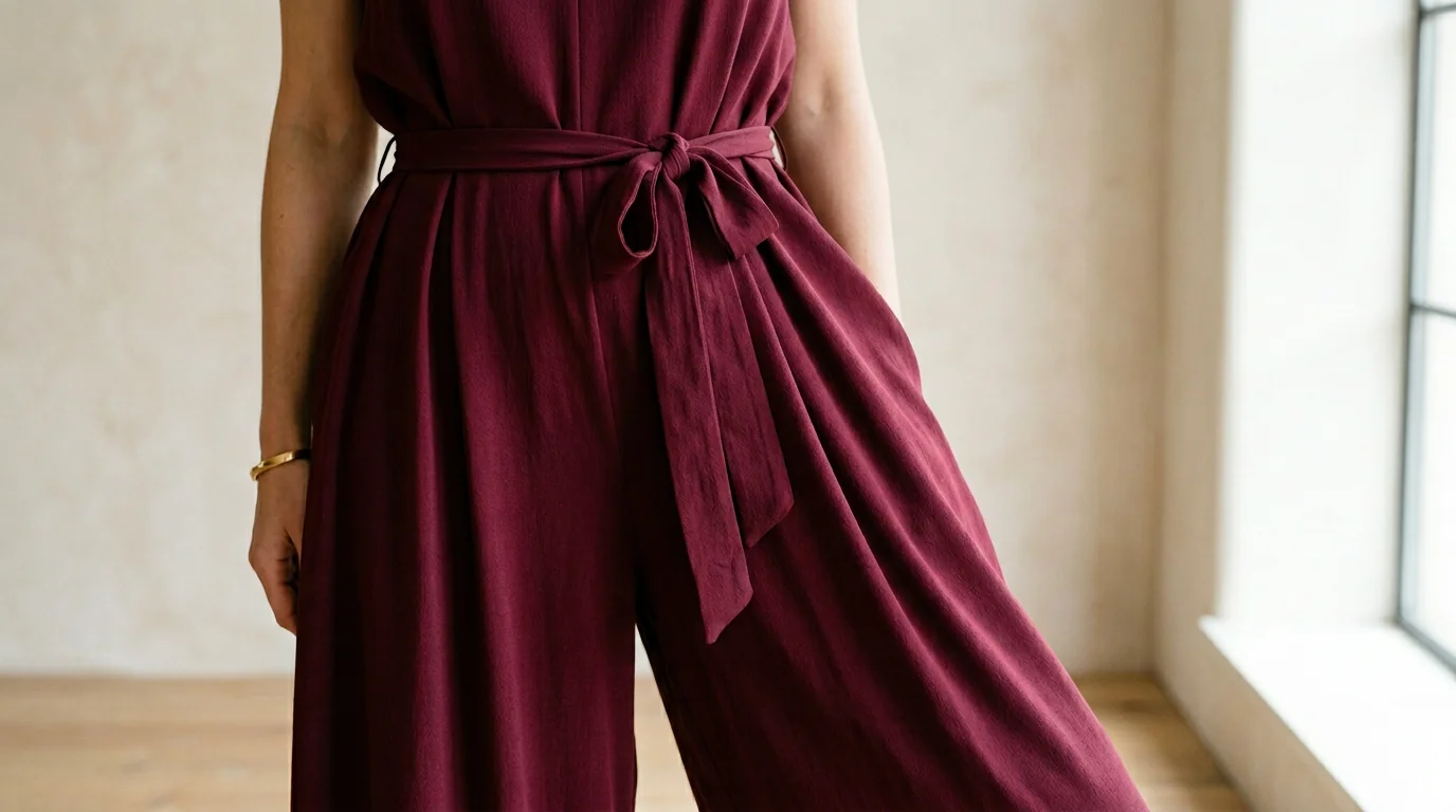 Close-up of a wine-coloured Ronni Nicole jumpsuit