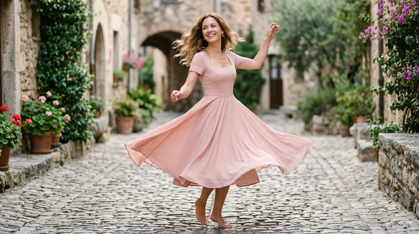 Detail shot of a blush pink fit-and-flare dress