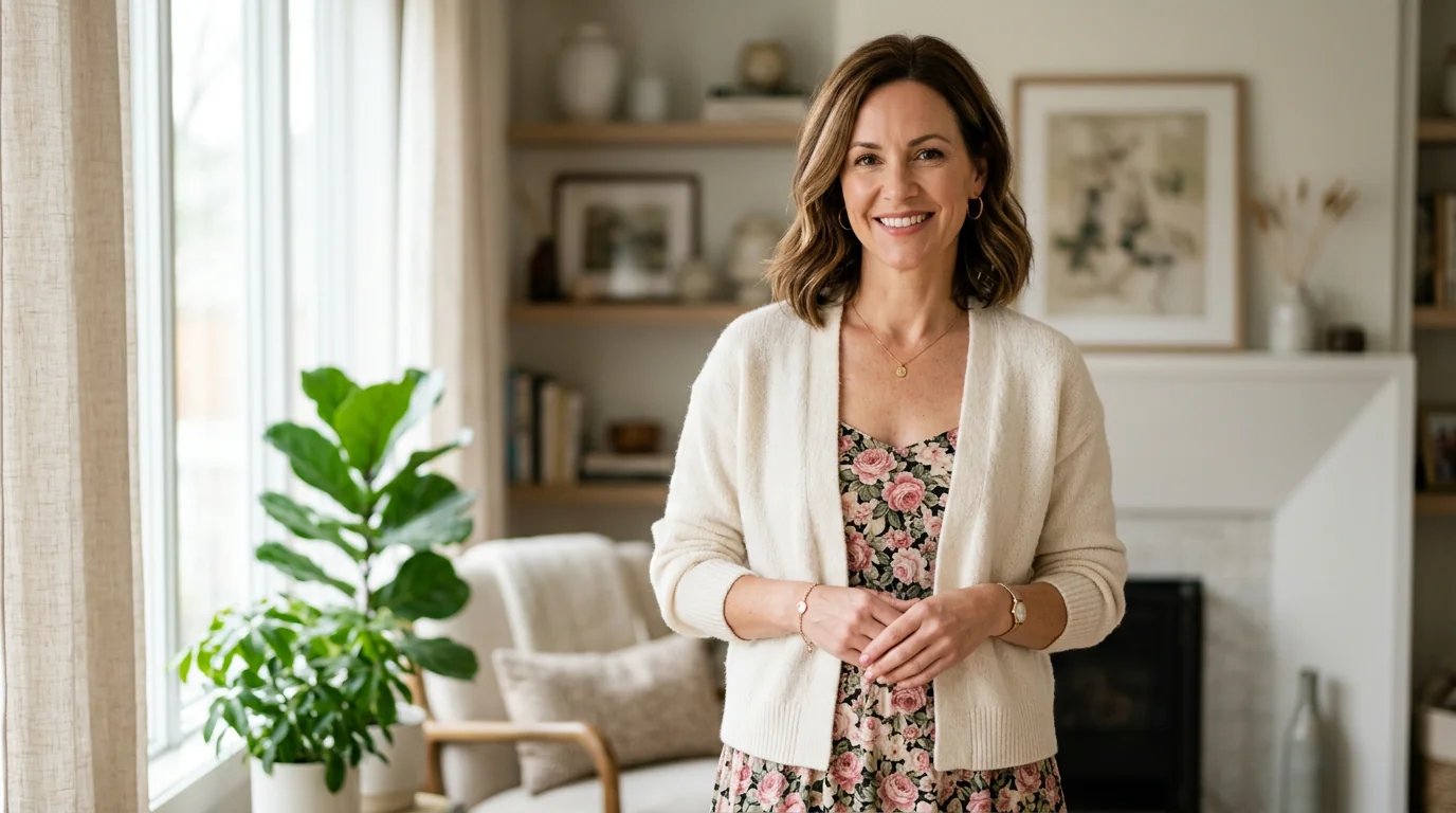 A Ronni Nicole cardigan styled over a printed dress