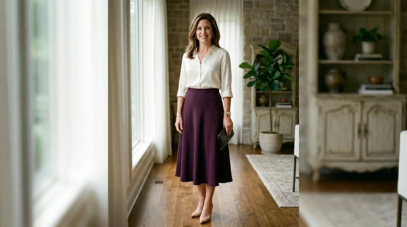 Woman in a Ronni Nicole midi skirt and silk shirt