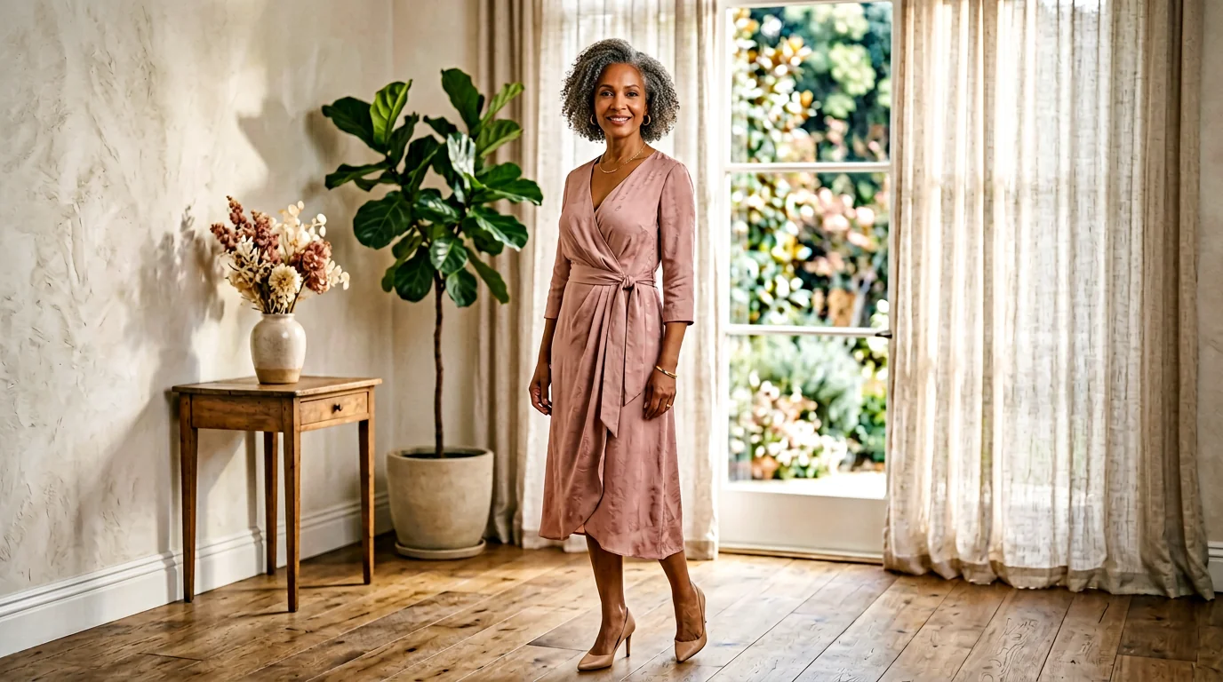 Woman wearing an elegant Ronni Nicole faux-wrap dress in soft rose, photographed in natural light