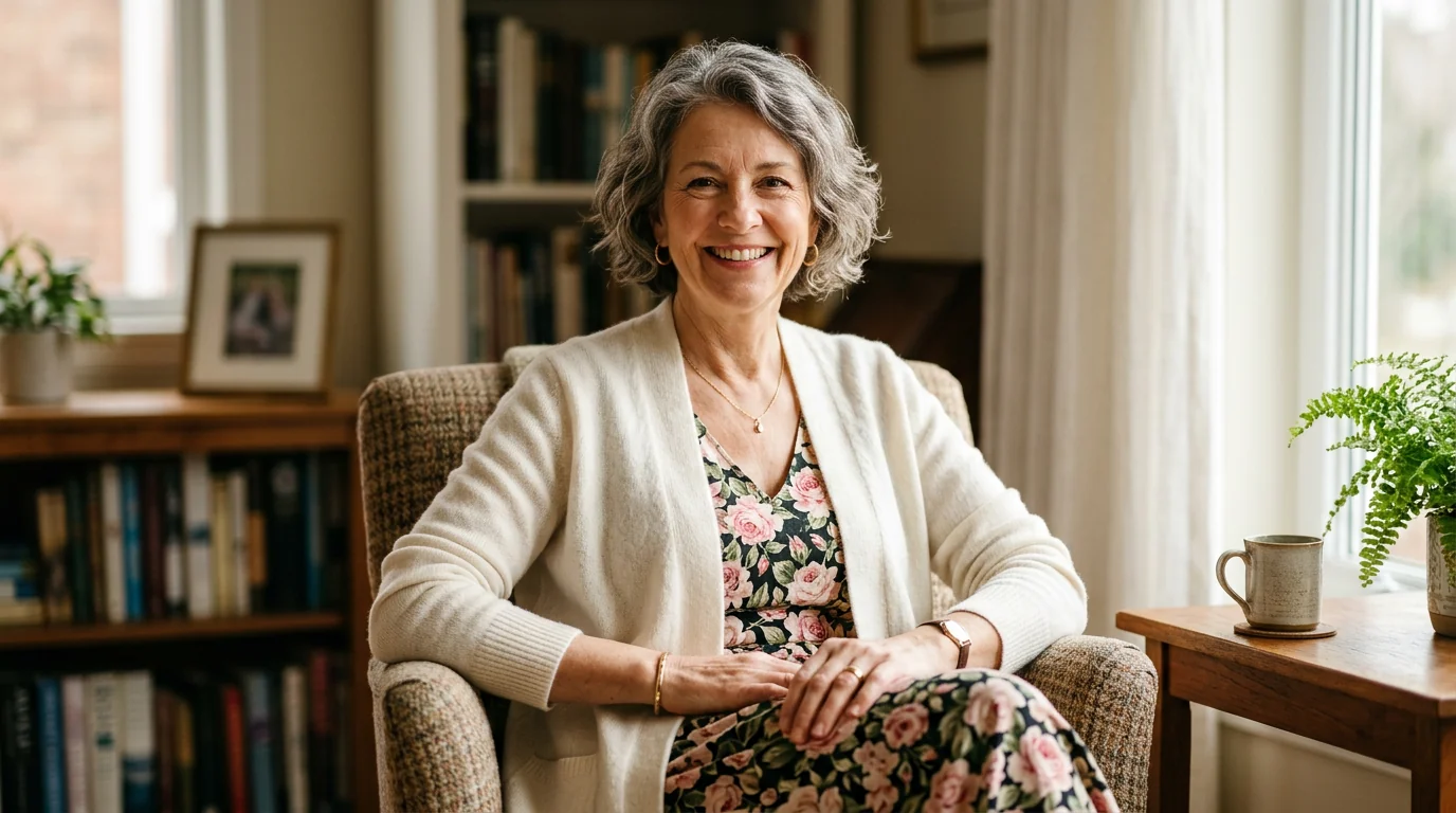 Woman wearing a soft ivory Ronni Nicole longline cardigan over a printed dress