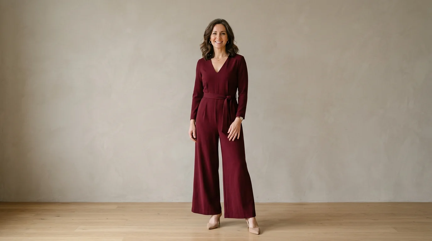 Woman in a tailored wide-leg Ronni Nicole jumpsuit in deep wine, photographed against a neutral studio backdrop