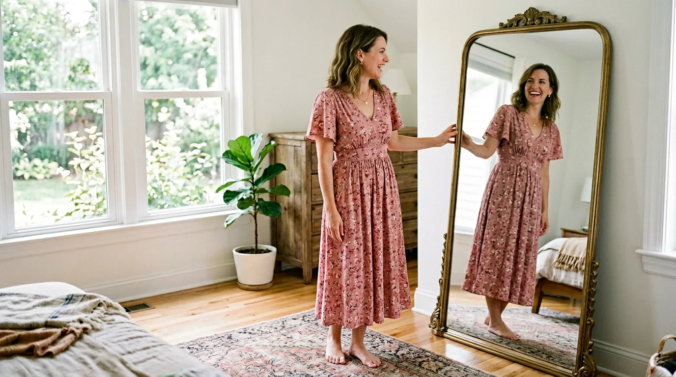 Delighted Ronni Nicole customer smiling in her new dress in front of a bright window