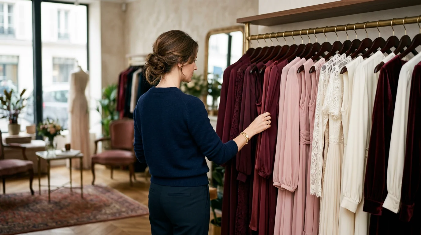 Woman browsing a rail of elegant Ronni Nicole dresses on sale