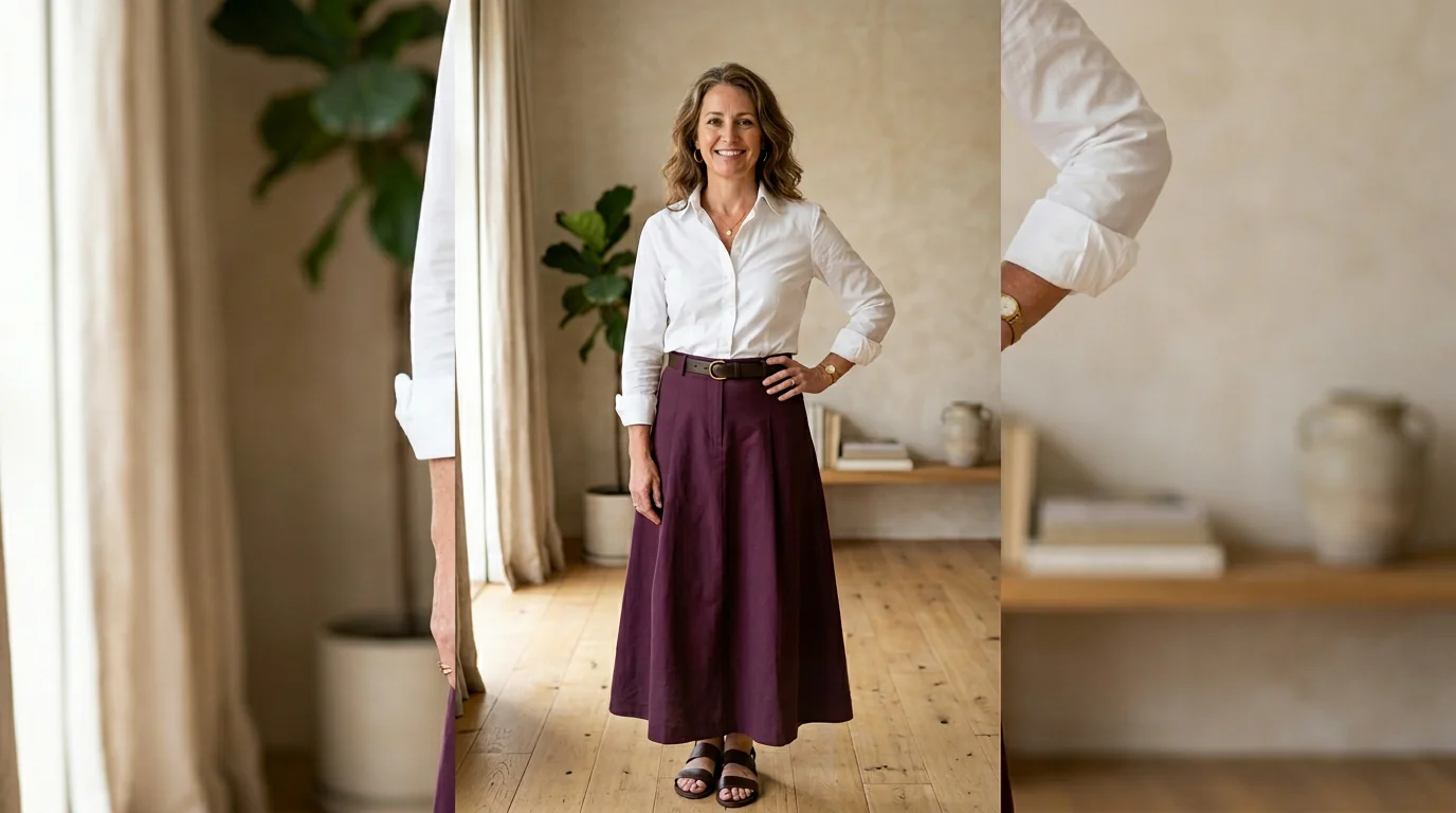 Woman wearing a crisp white Ronni Nicole cotton shirt tucked into a midi skirt