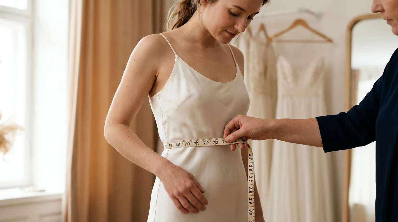 Tape measure around a woman's waist illustrating how to measure for Ronni Nicole dresses