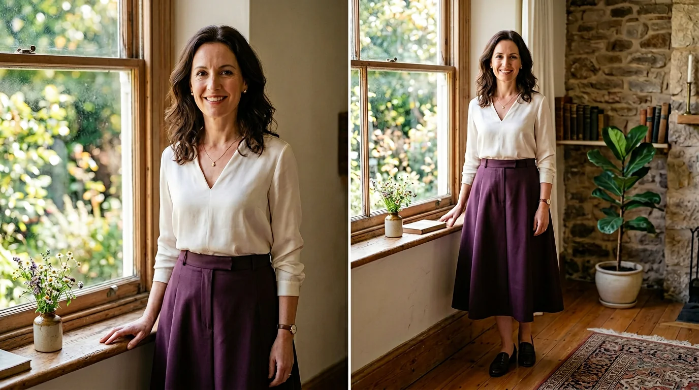Woman wearing a Ronni Nicole plum A-line midi skirt with a tucked-in silk blouse