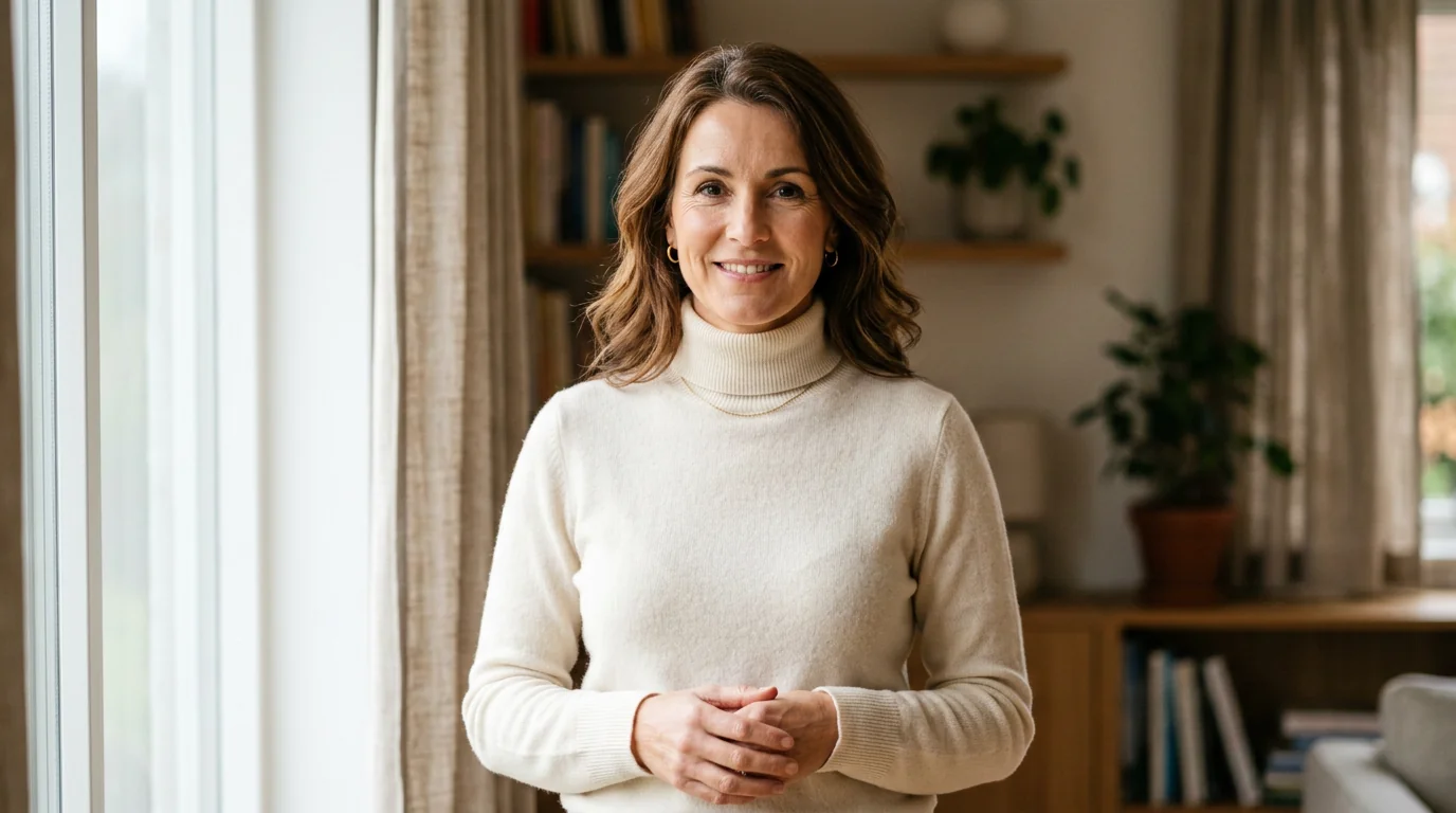 Woman wearing a soft cream Ronni Nicole roll-neck sweater photographed in natural light