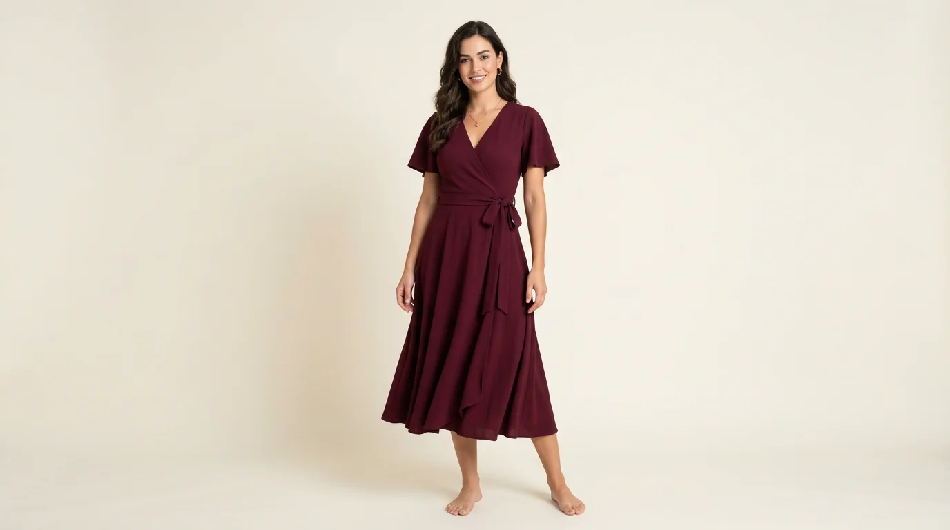 Ronni Nicole faux-wrap midi dress in deep wine