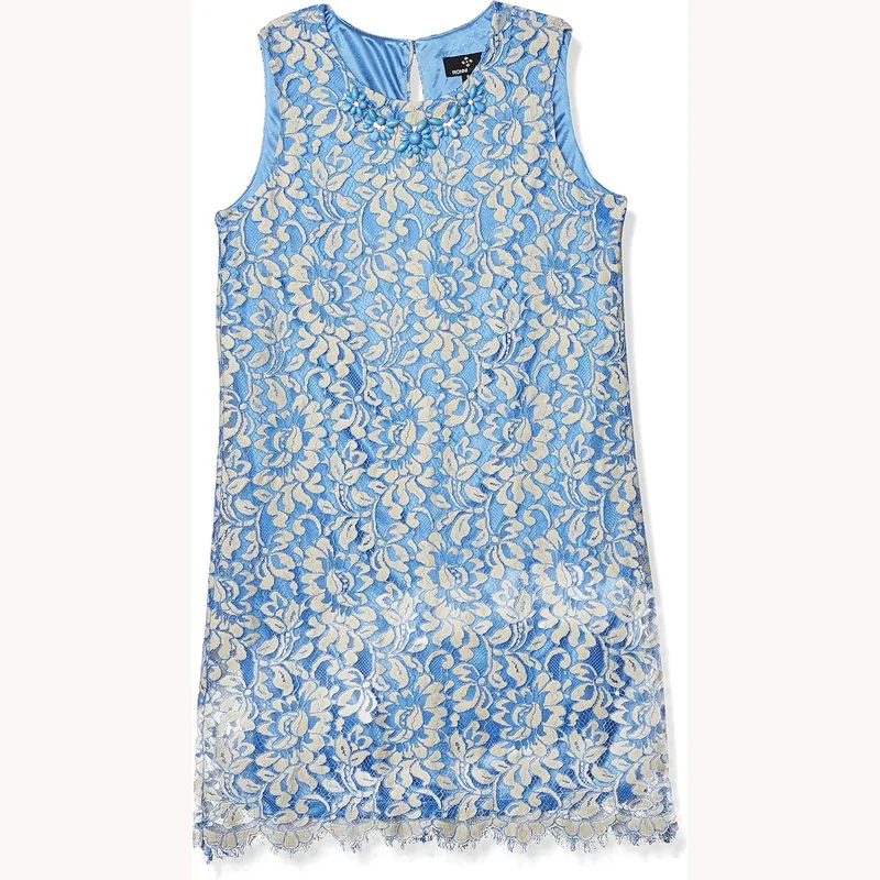 Ronni Nicole Women's Sleeveless Necklace Trim Lace Sheath in Blue