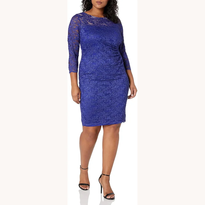 Ronni Nicole Women's Plus Size 3/4 Sleeve Side Ruched Lace Dress in Royal