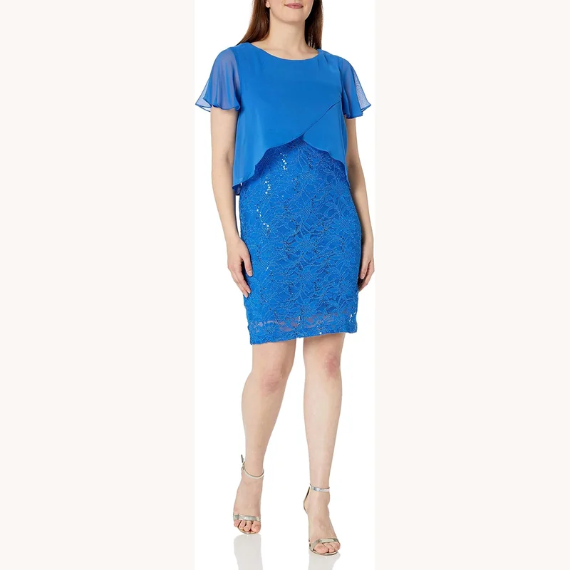 Ronni Nicole Women's Short Sleeve Caplet Top Over Lace Sheath Dress