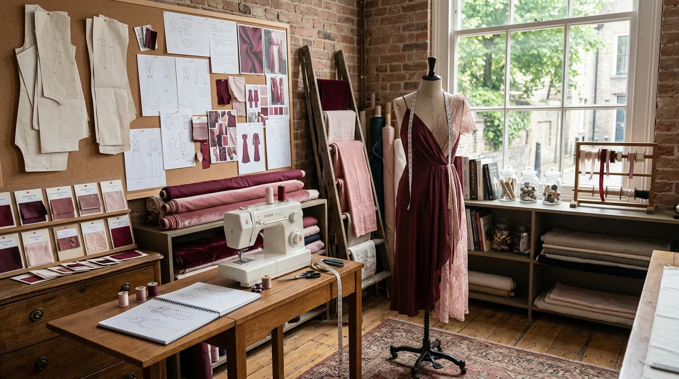 The Ronni Nicole design studio with fabric swatches and paper patterns